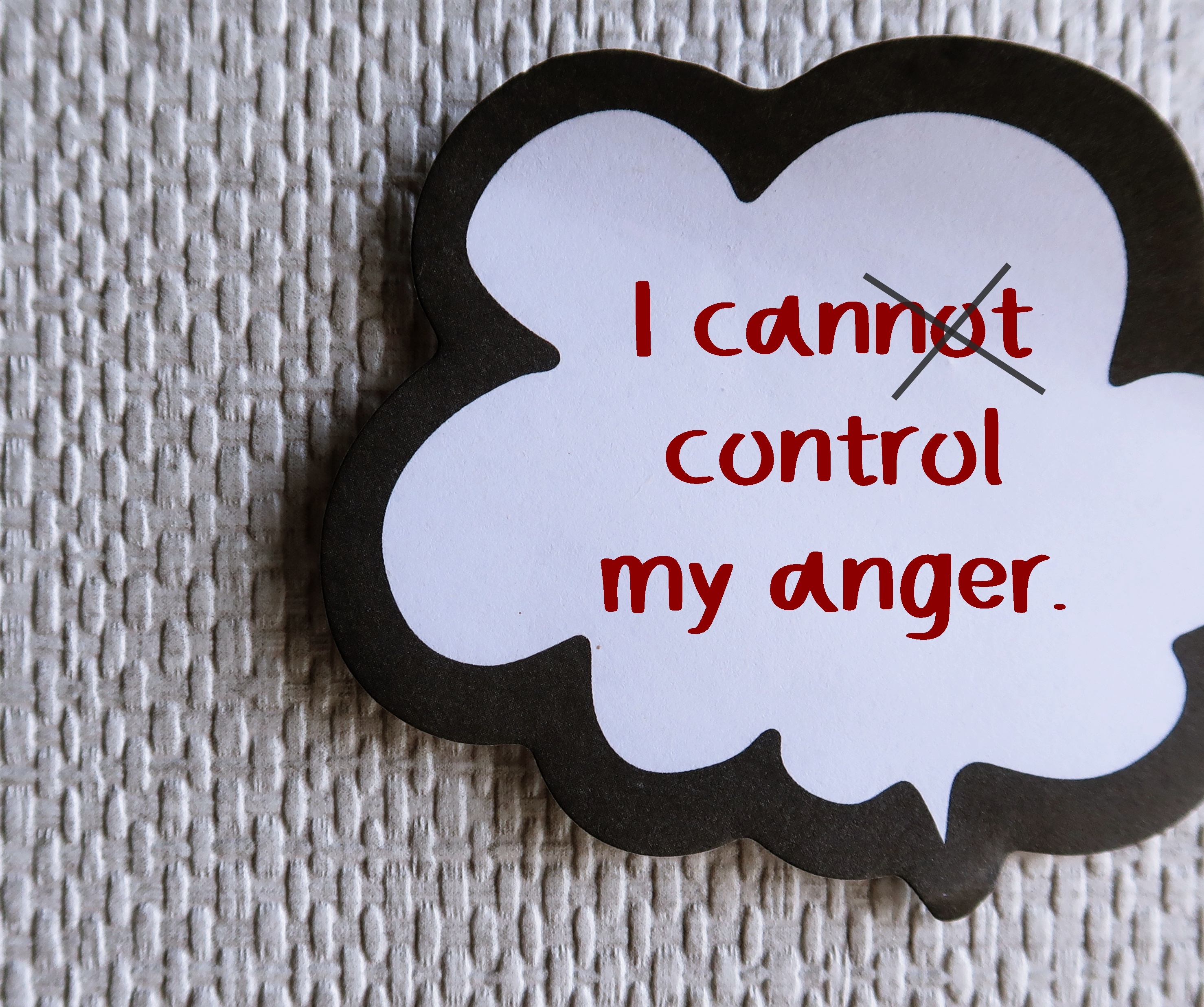 A thought bubble says the words “I cannot control my anger” with the “not” crossed out to indicate that anger can in fact be controlled.